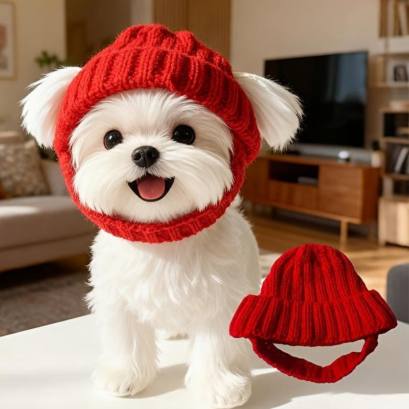 Trendyrola Red Wool Knit Dog Beanie with Ear Flaps